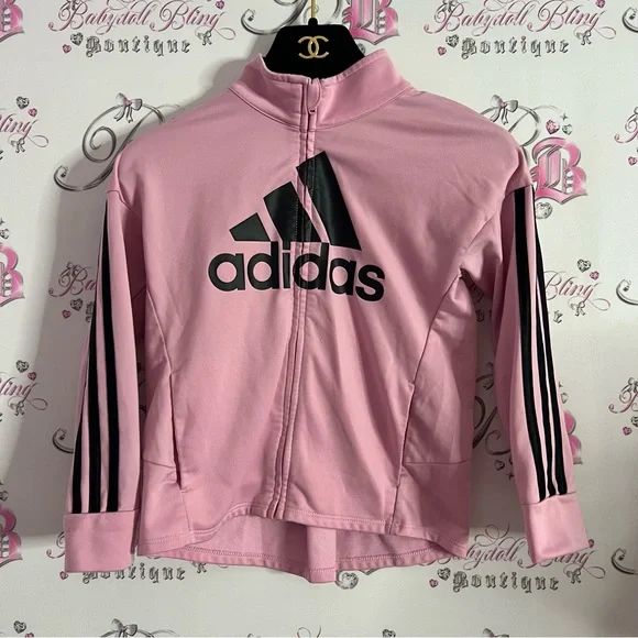 Adidas tracksuit top sweater zip up pink striped classic on arms bubblegum pink - Picture 6 of 10